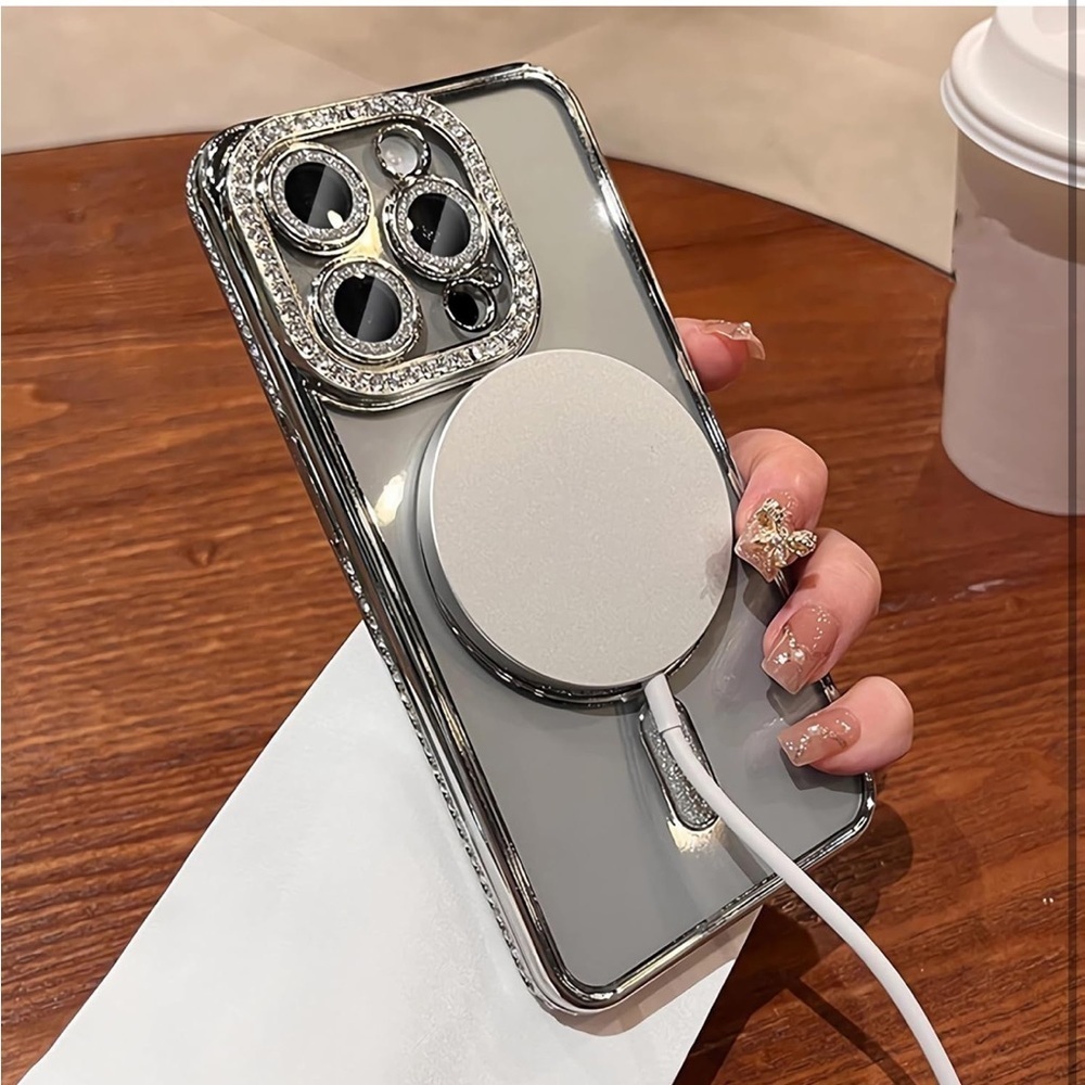 CLEAR SILVER RHINESTONE BLING IPHONE 15PRO PHONECASE WITH KICKSTAND - Picture 8 of 14